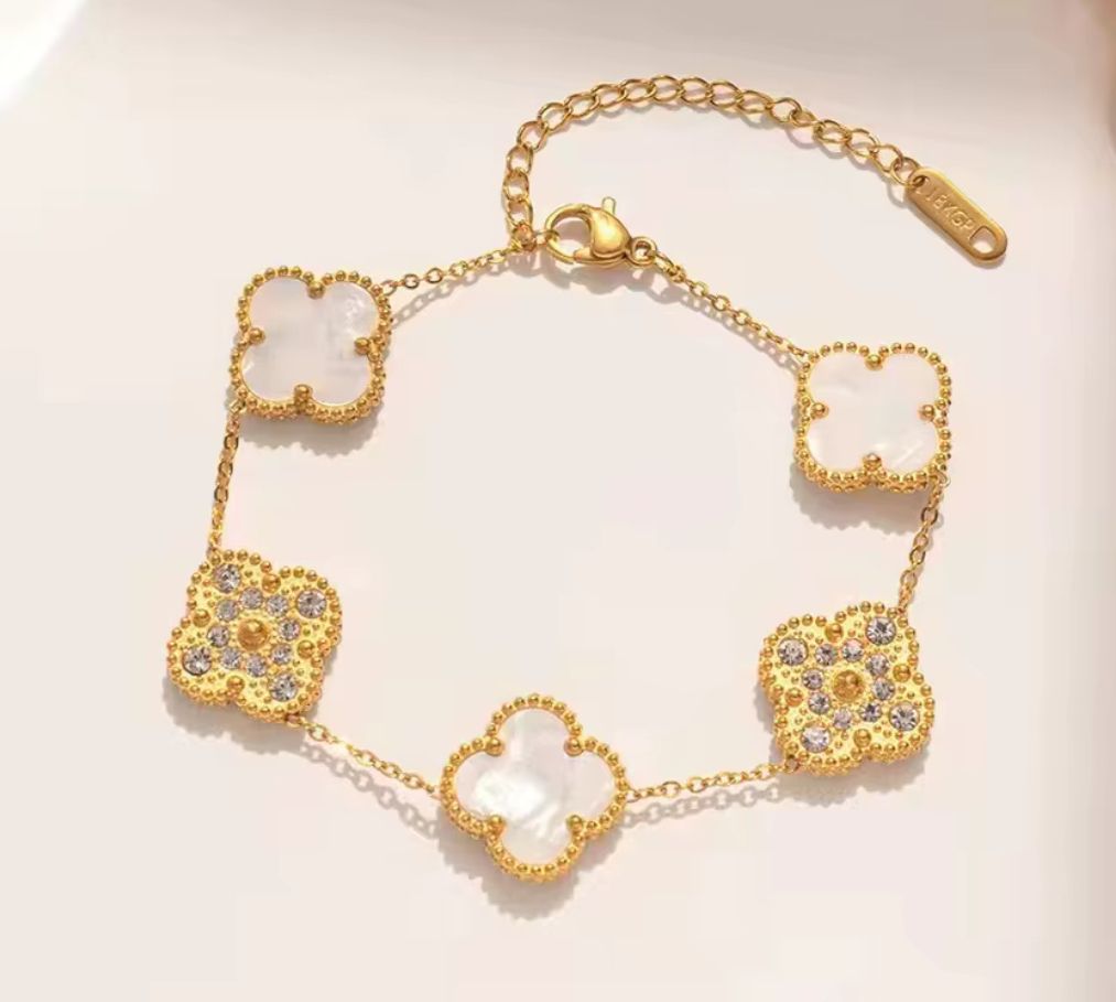 White & Gold Diamond Clover Bracelet   