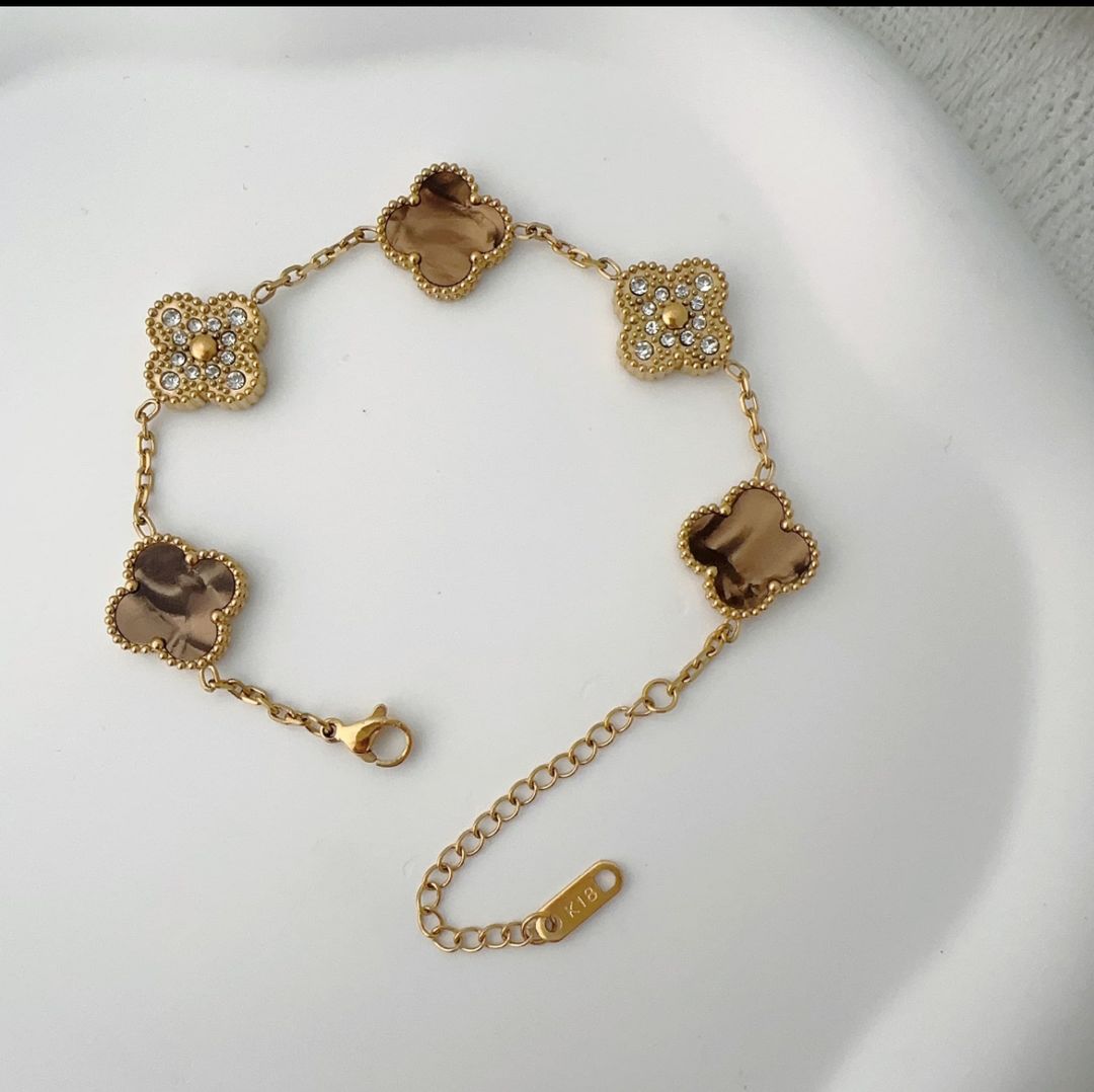 Brown & Gold Diamond Clover Bracelet    