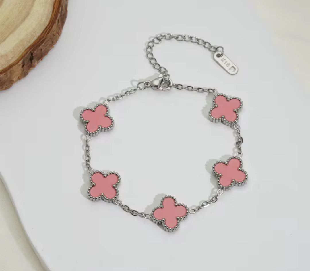 Dark Pink & Silver Clover Bracelet 