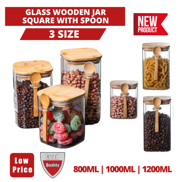 GLASS WOODEN JAR SQUARE WITH SPOON