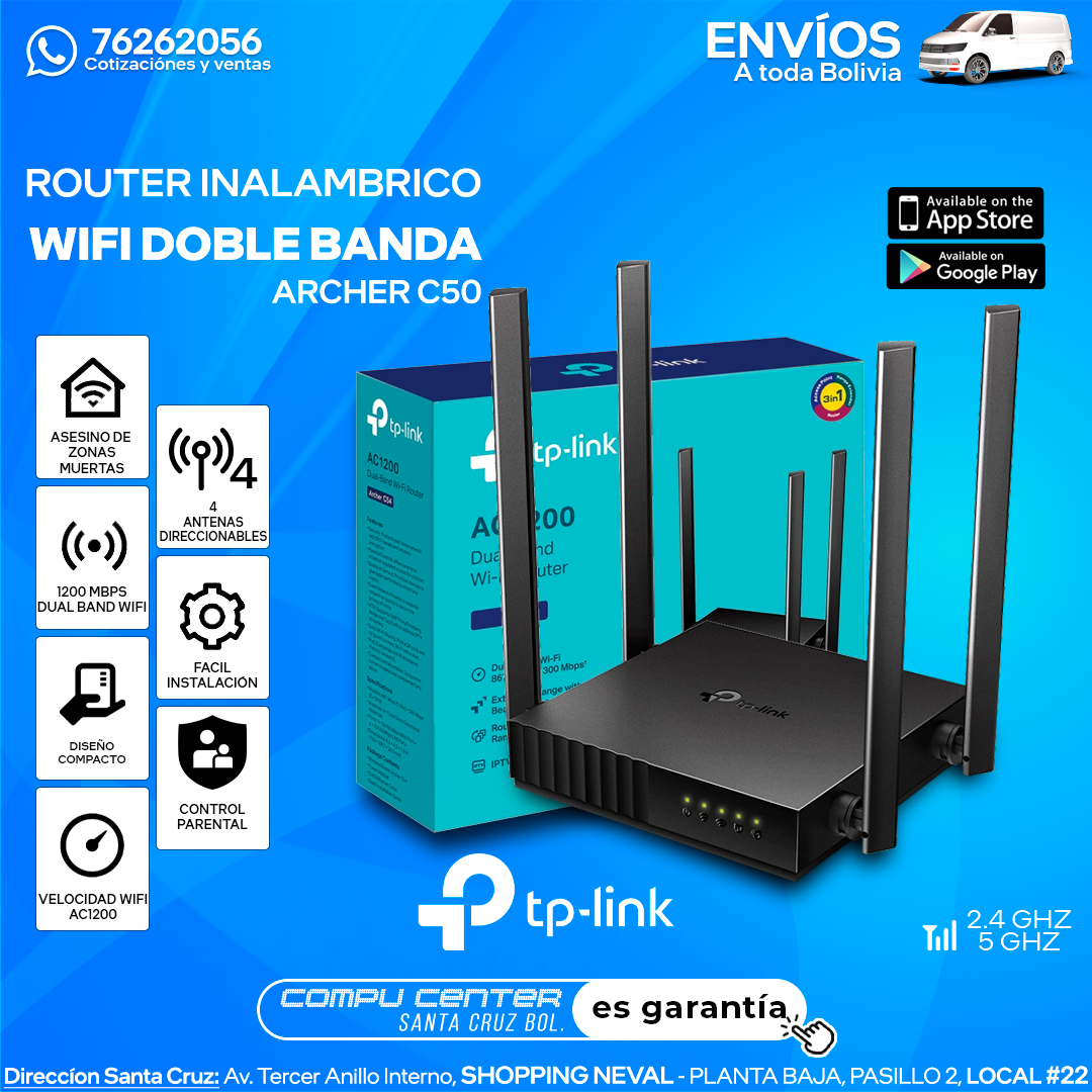 Tp Link / ARCHER C50 / ROUTER WIFI / 4 ANTENAS / 1200 MBPS DUAL BAND
