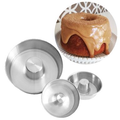 Forma Circular com furo Central artesanal de Alúminio para Bolo Base x Altura