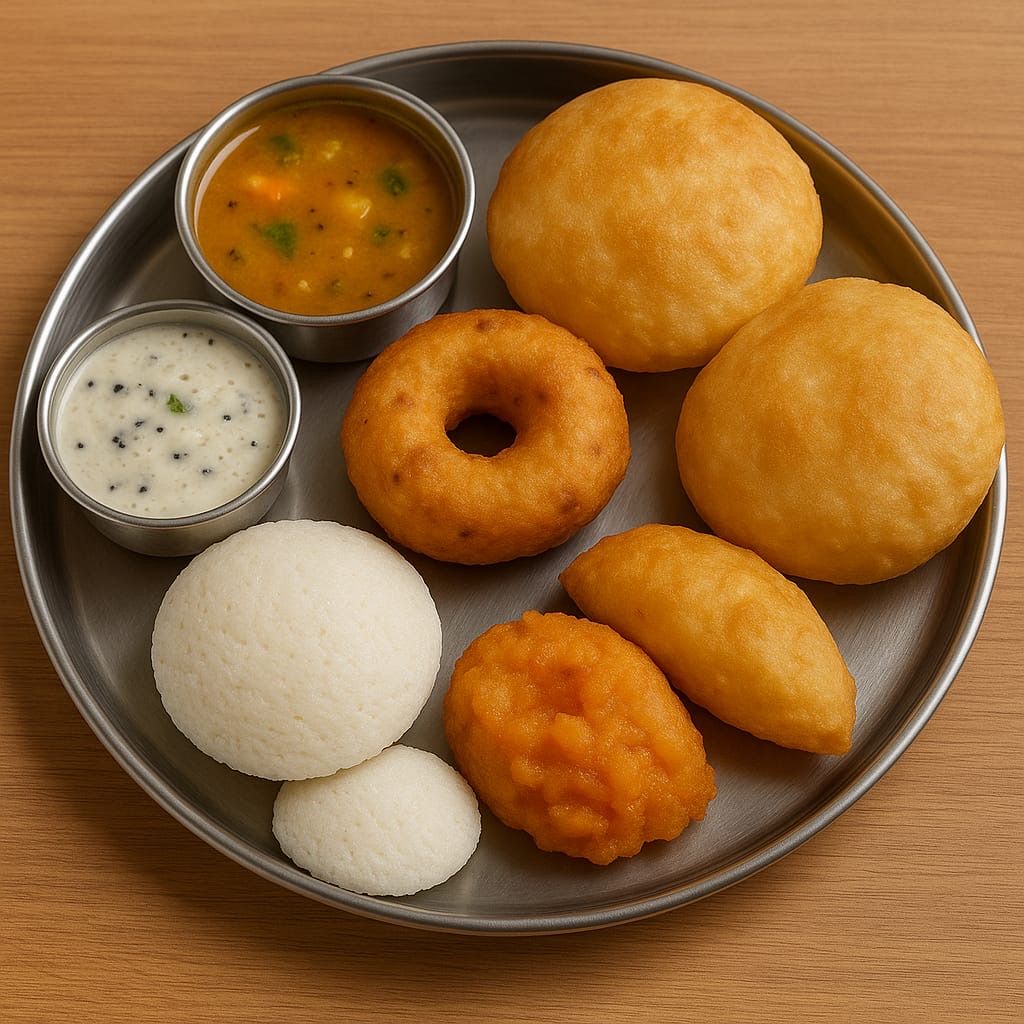 Breakfast combo- 2 idly,2 aloo poori,medu vada,aloo bonda and halwa served with chutney and sambar