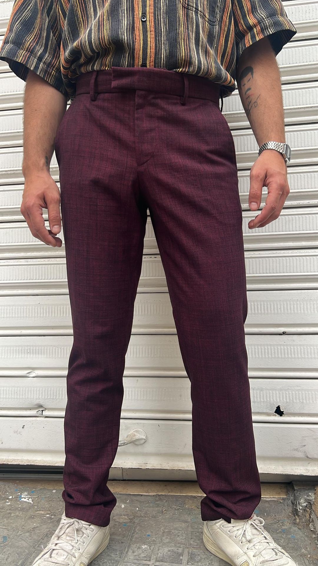 Burgundy Plaid Slim Fit Trousers