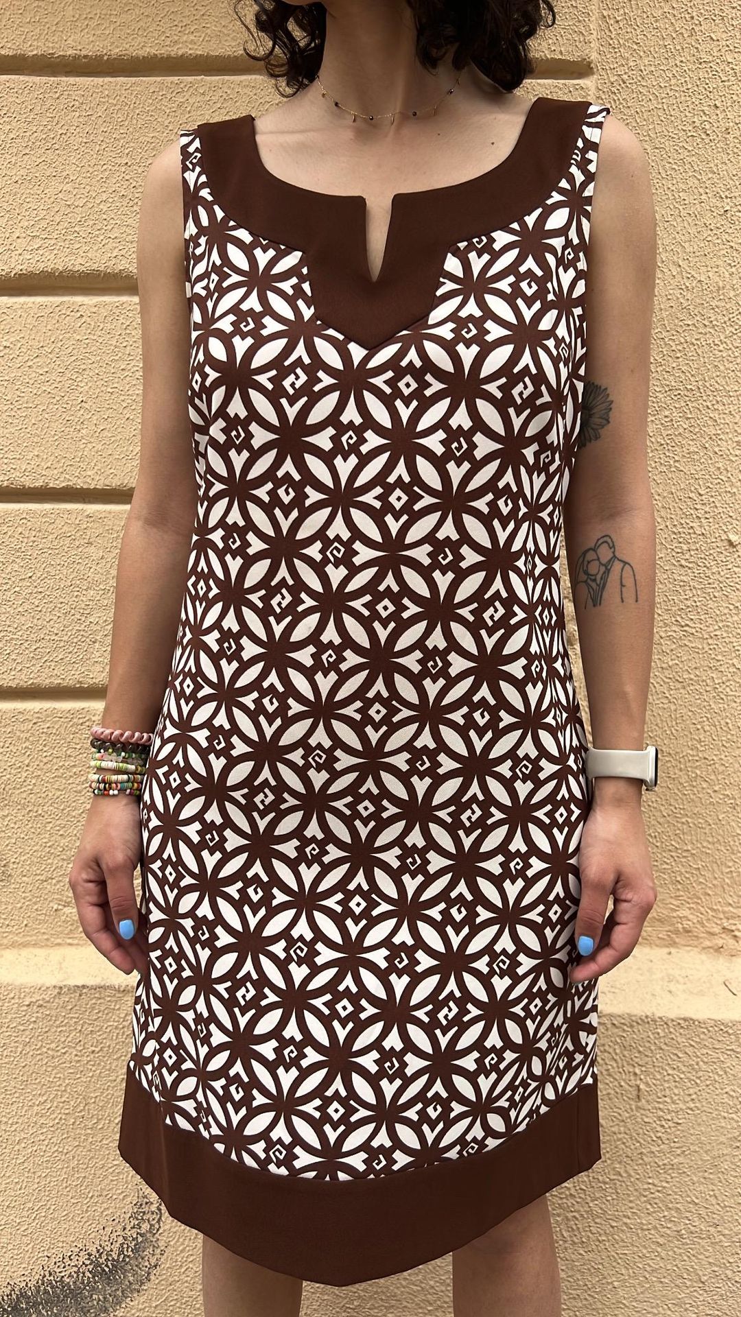 Brown and White Geometric Print Sleeveless Mini Dress 