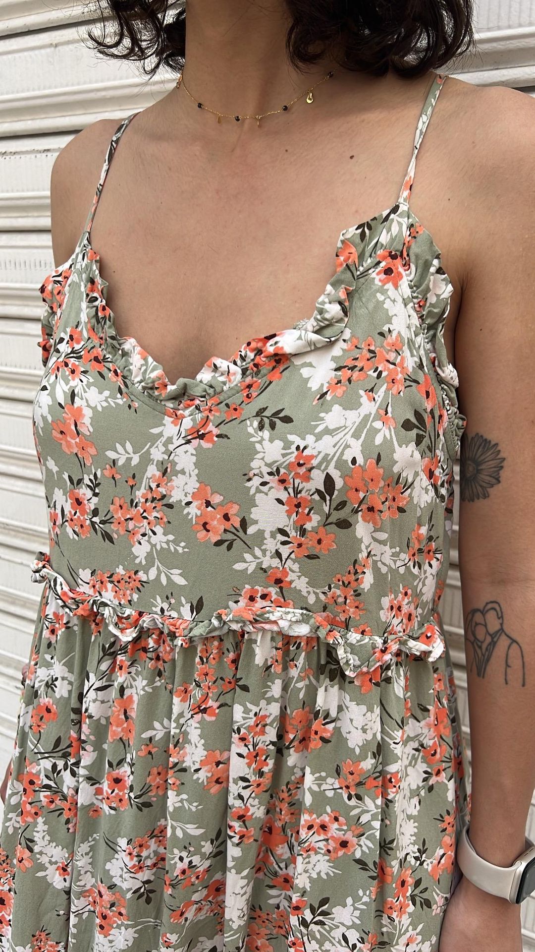 Green White & Coral Floral Midi Dress