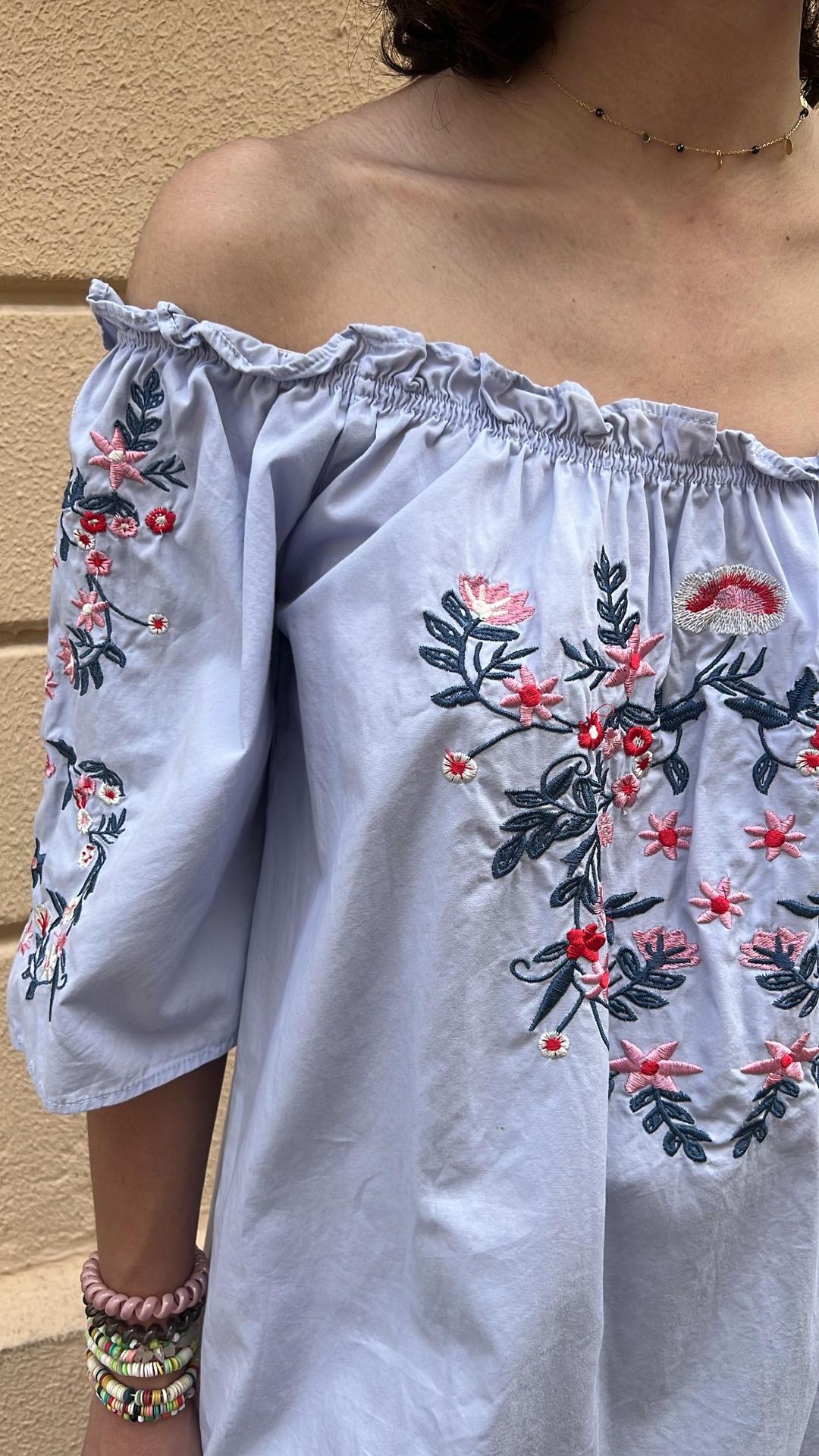 Embroidered Off-Shoulder Smocked Dress