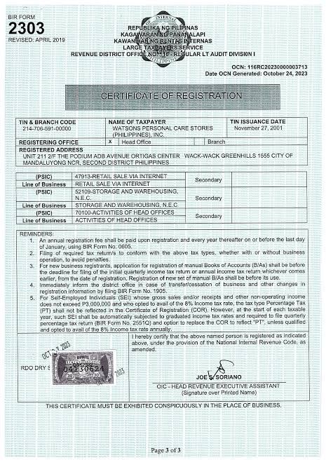 BIR 2303 (Certificate of Registration)