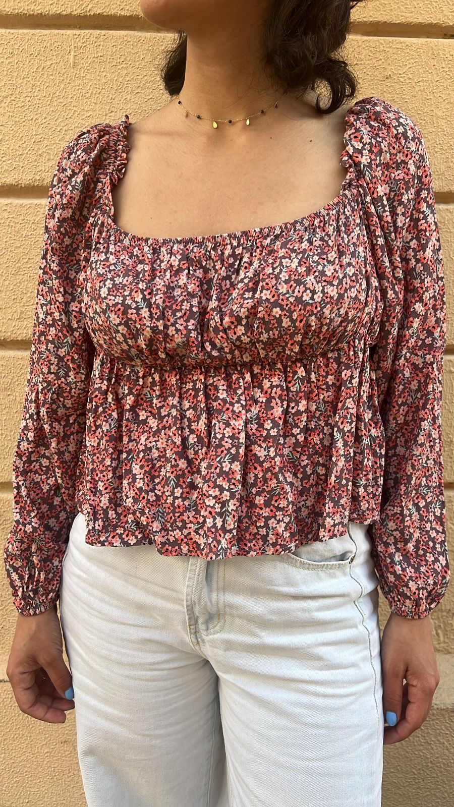 Floral Long Sleeve Blouse - On/Off Shoulder Top