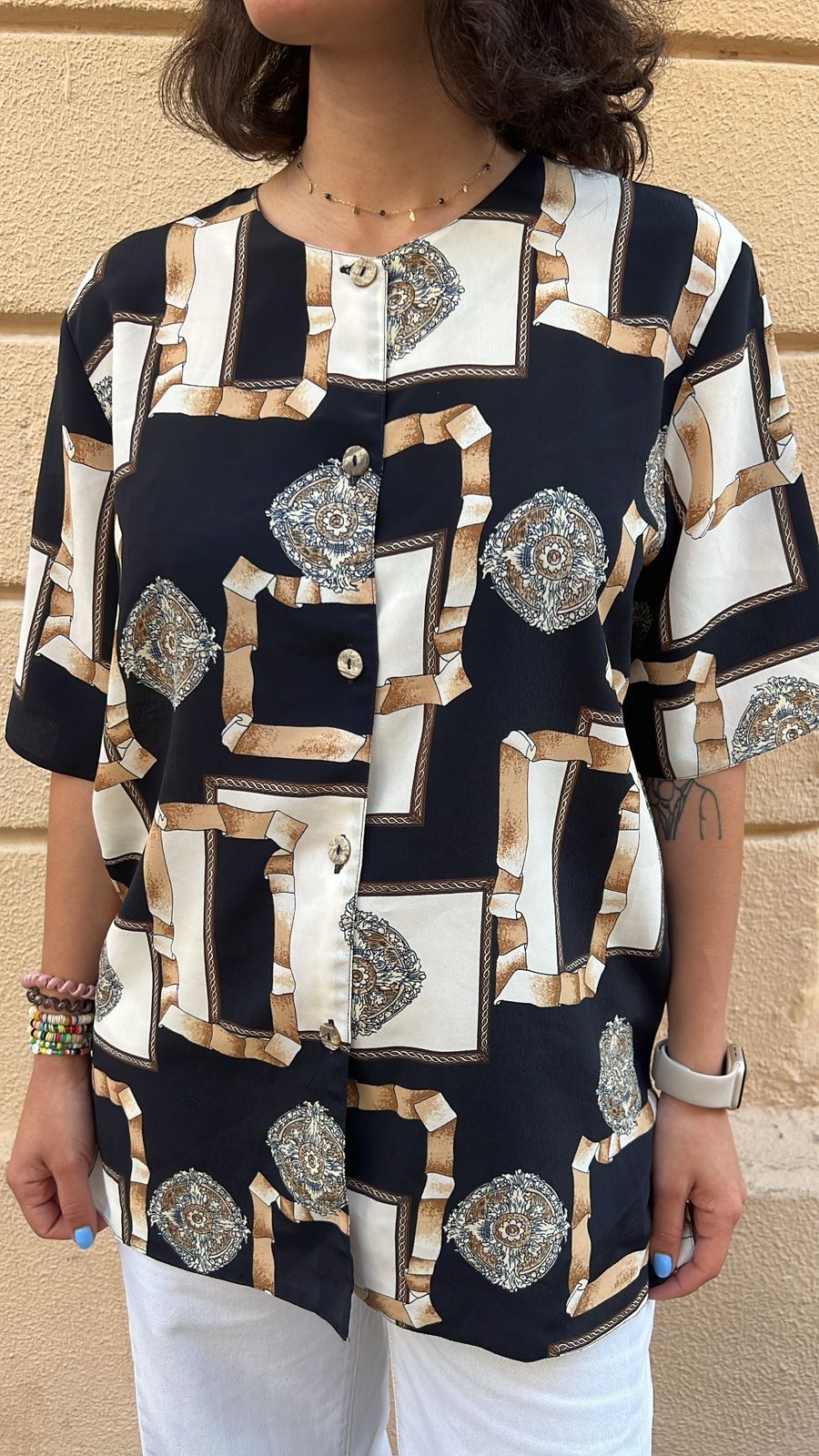 Vintage Baroque Print Short Sleeve Button-Up Shirt