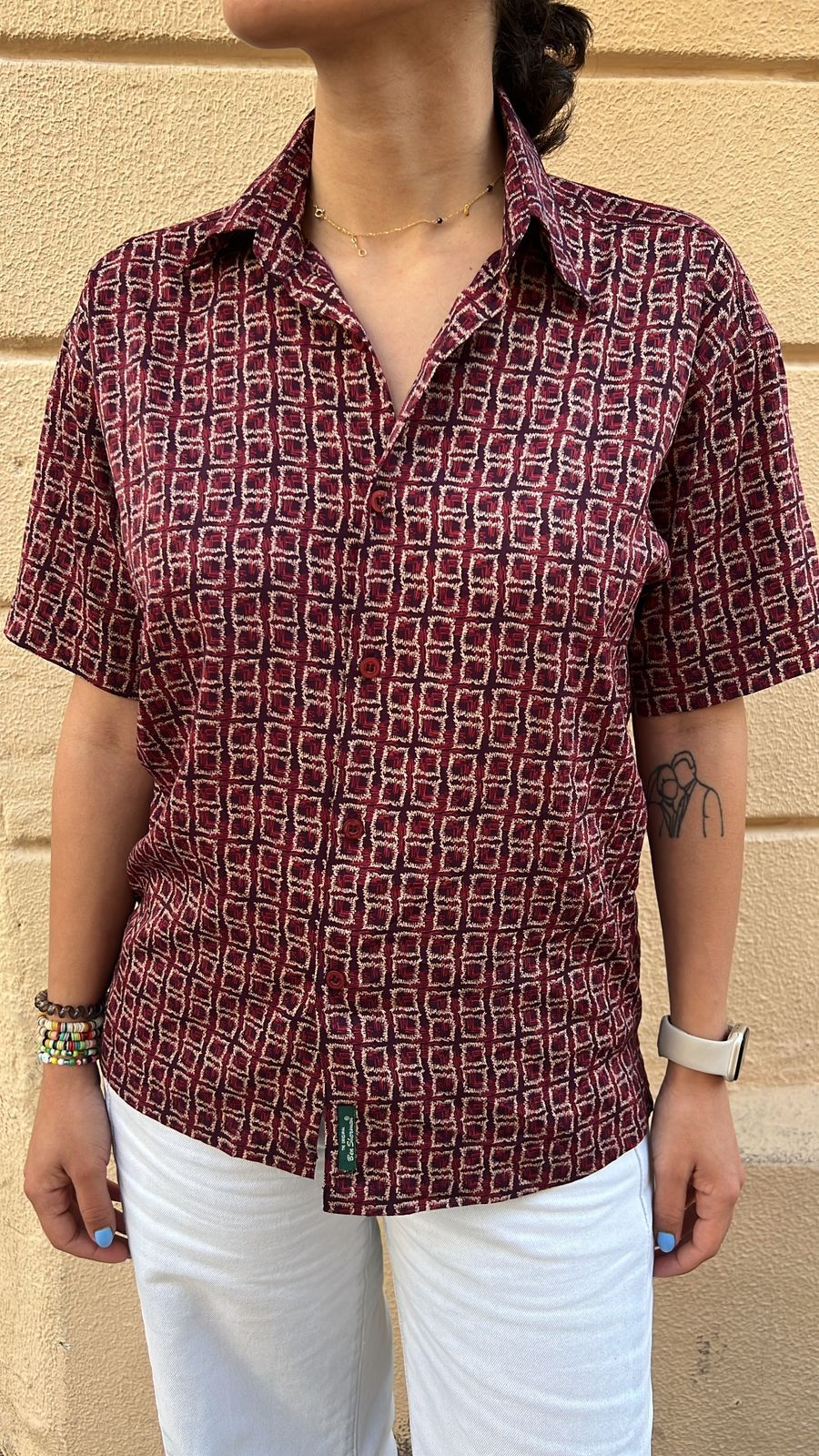 Dark Red & Black Square Pattern Short Sleeve Shirt