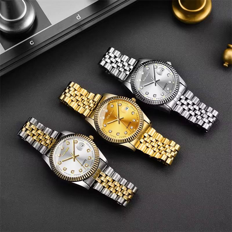 Luxury Golden Stainless Steel Calendar Wrist Watches Men Steel Band Quartz Movement Watch