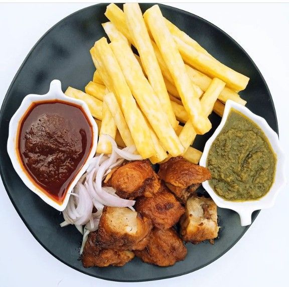Fried Yam with Grilled Chicken