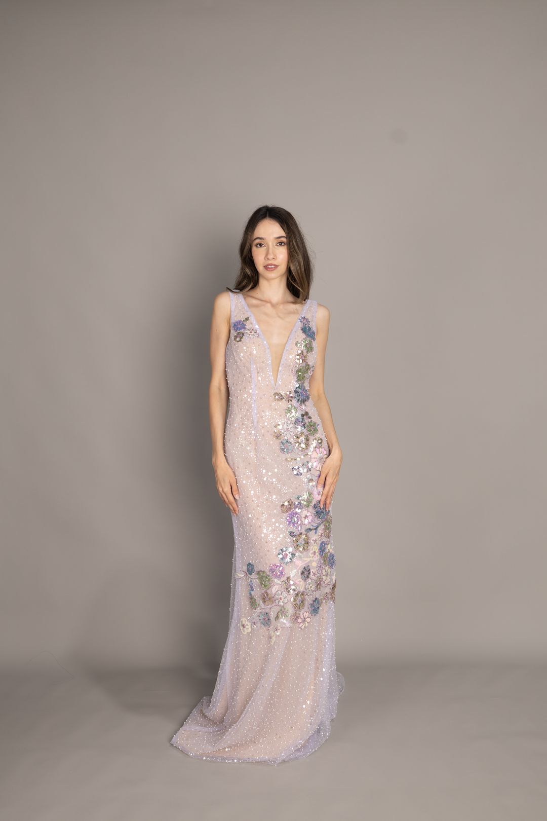 Lilac V-neck Floral Embroidery Evening Gown