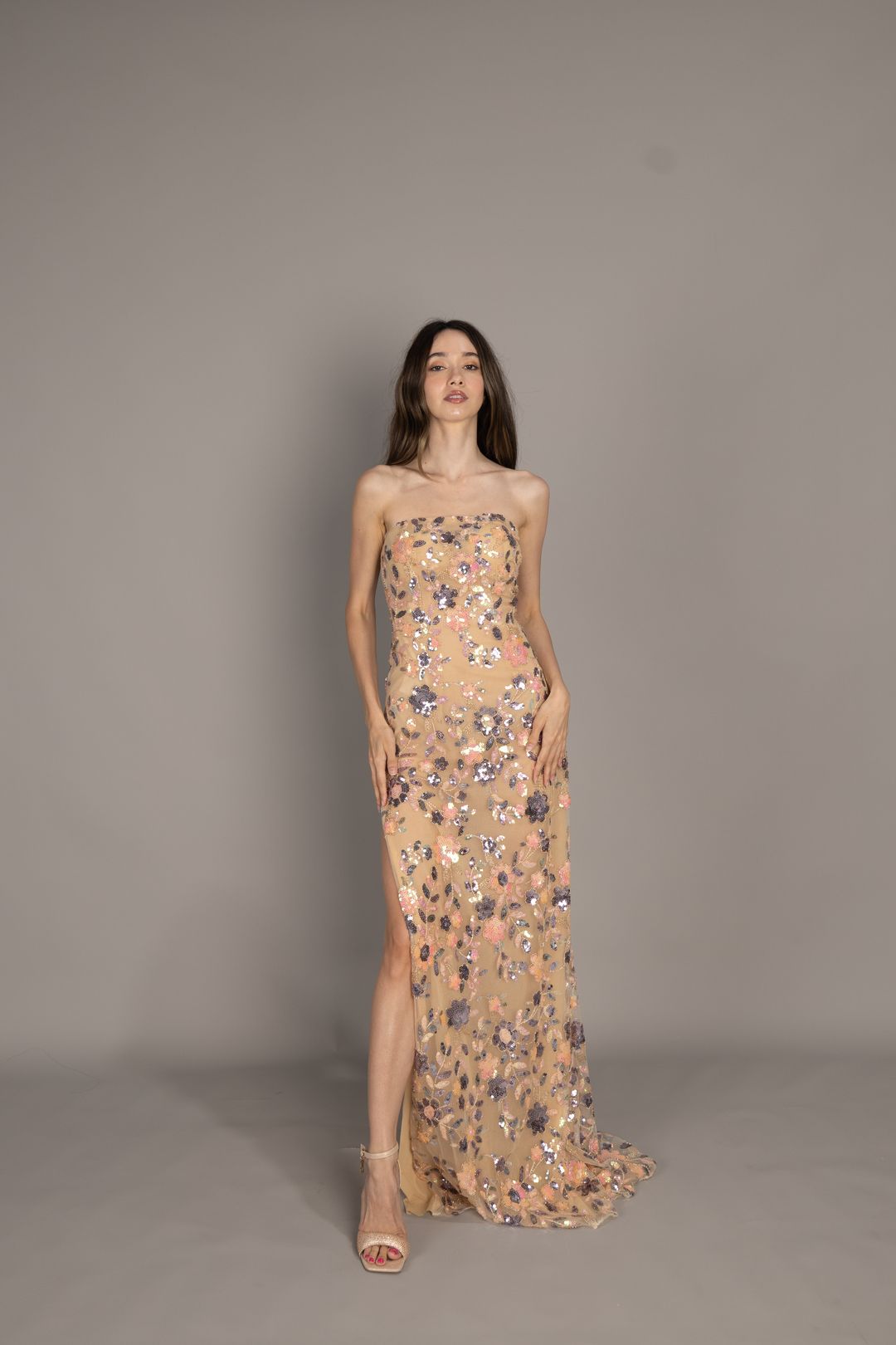 Ying Champagne Straight-Cut Neckline Evening Gown 