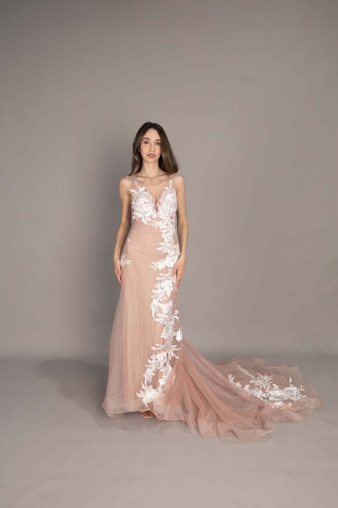 Melvis Dusty Pink Evening Gown with Floral Embroidery and Train 