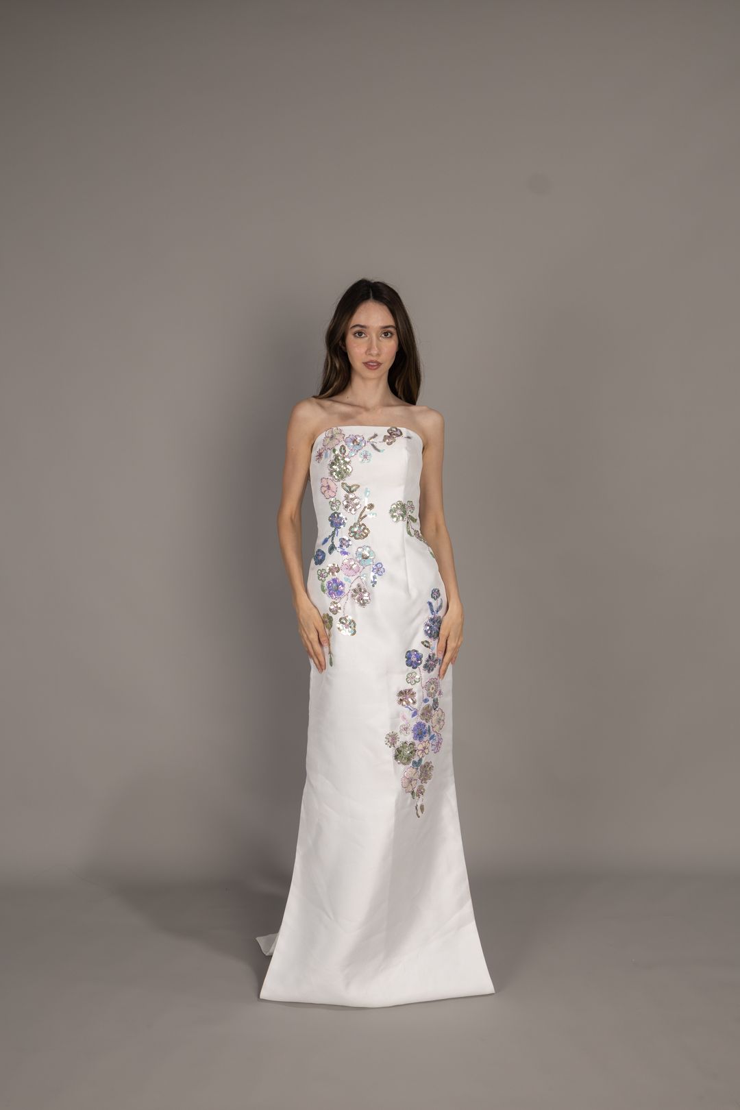 Tully White Evening Gown with Beaded Floral Embroidery 