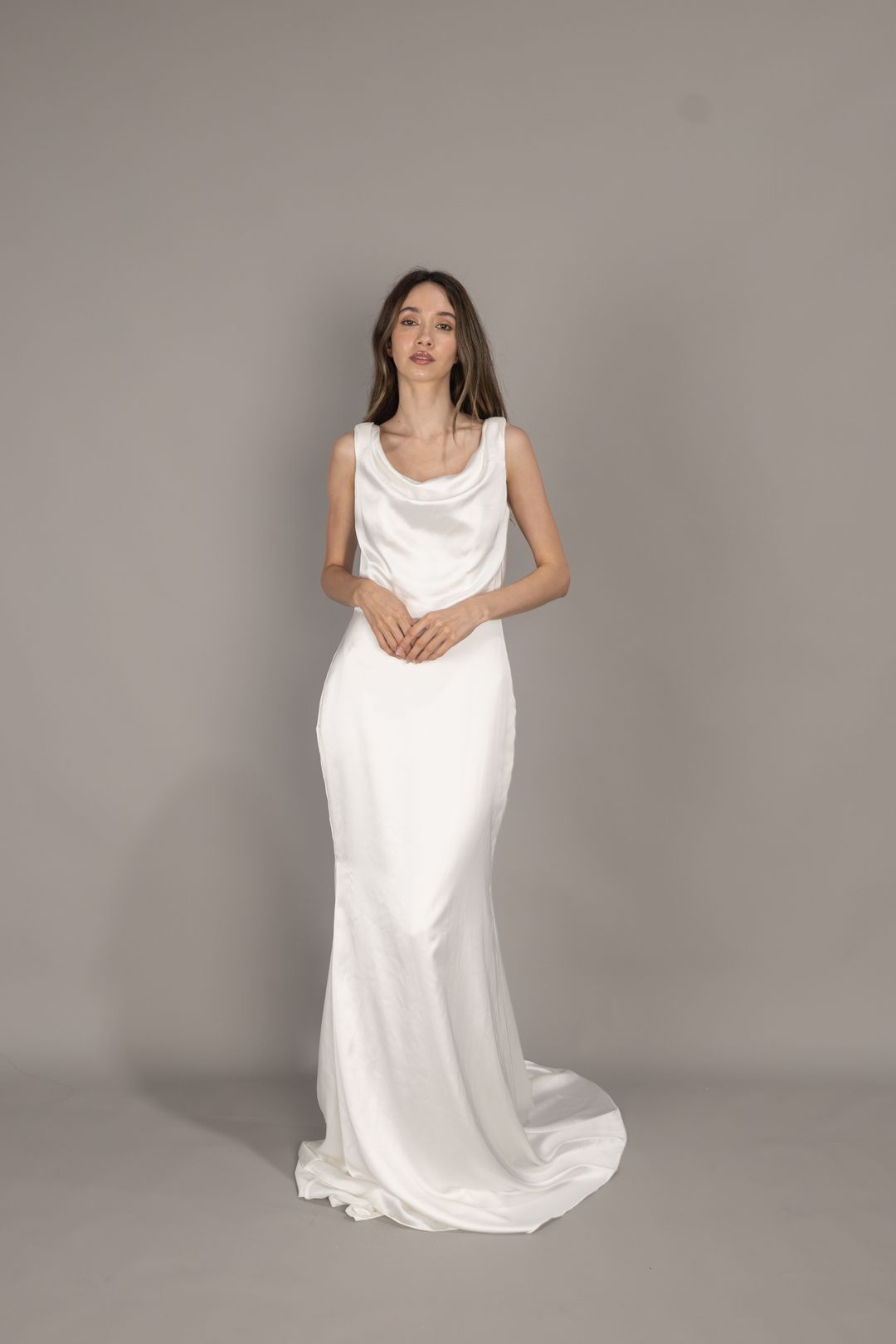 Cowl Neck Drape Satin Flow Dress