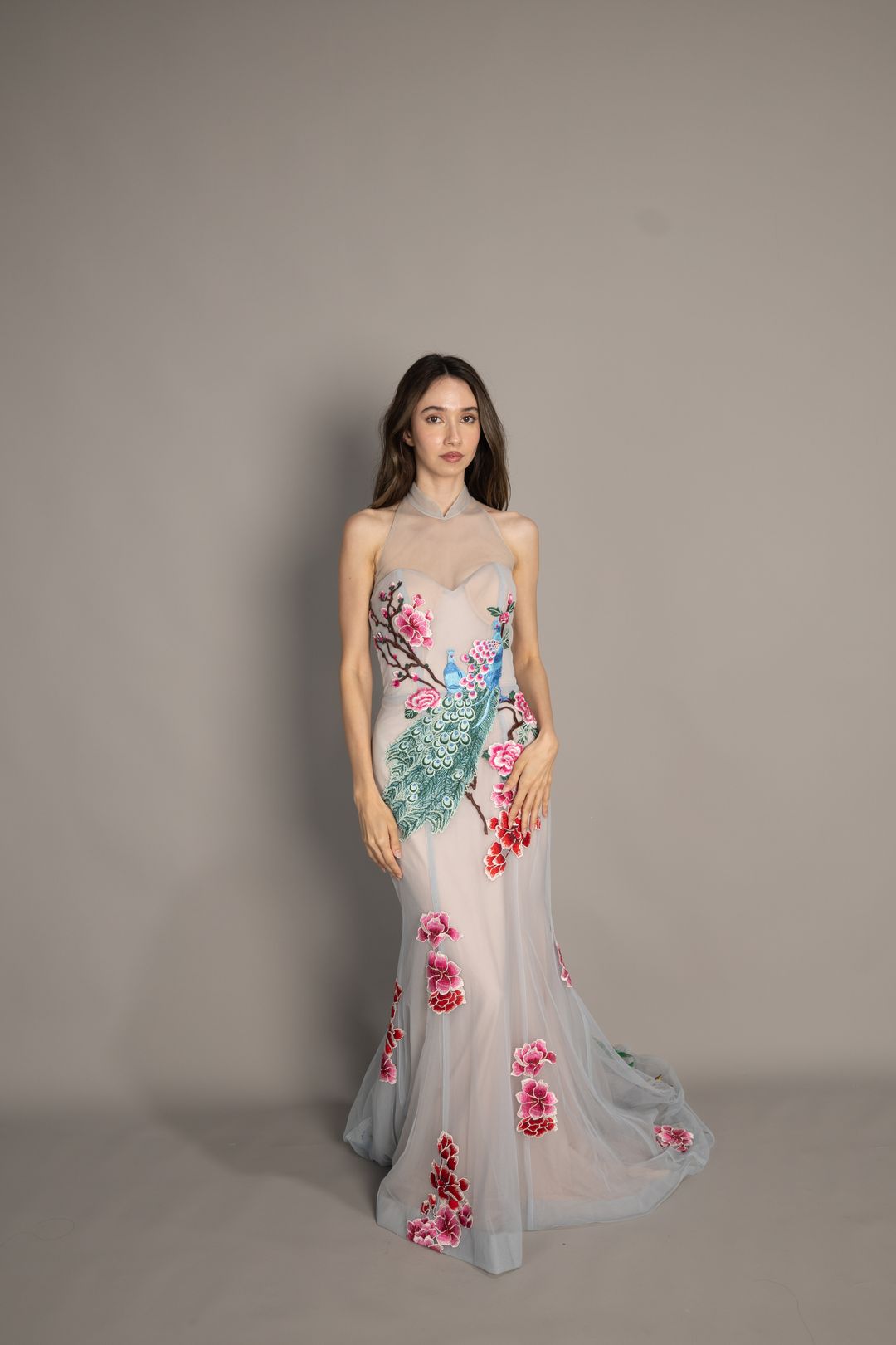Folklore Blue-Grey Peacock Cheongsam 