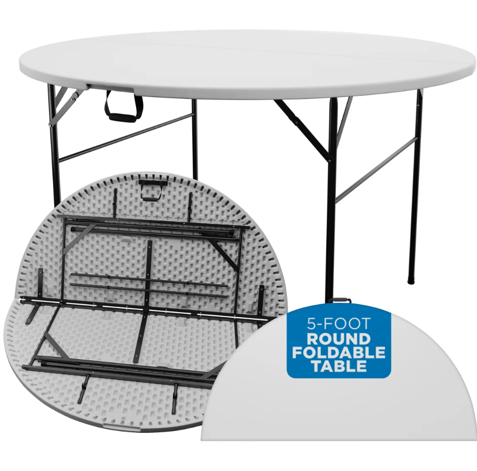 Round Folding Table, Round, White Plastic 5Ft