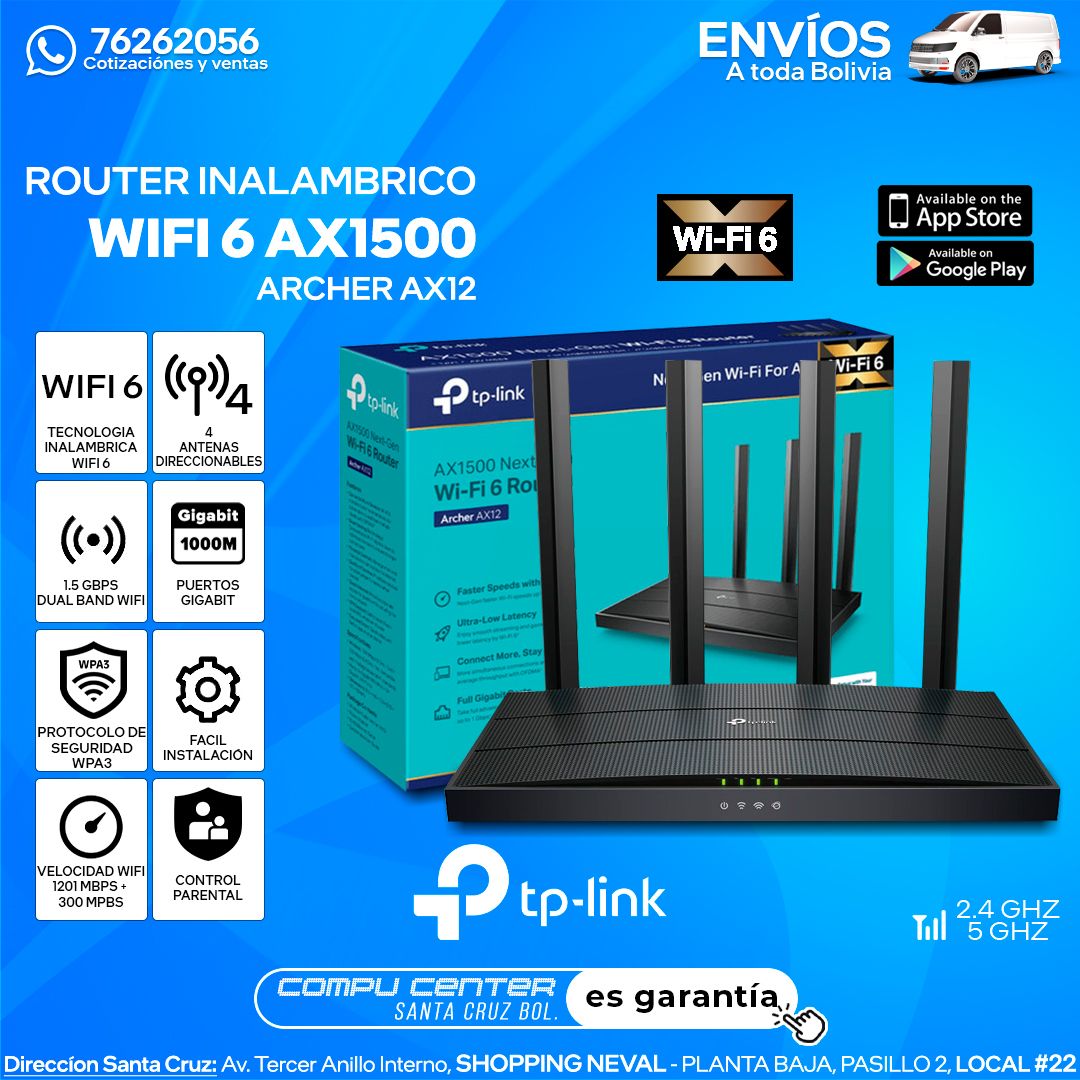 Tp Link / ARCHER AX12 / ROUTER WIFI 6 NU-MIMO / 4 ANTENAS / 1.5 GBPS DUAL BAND