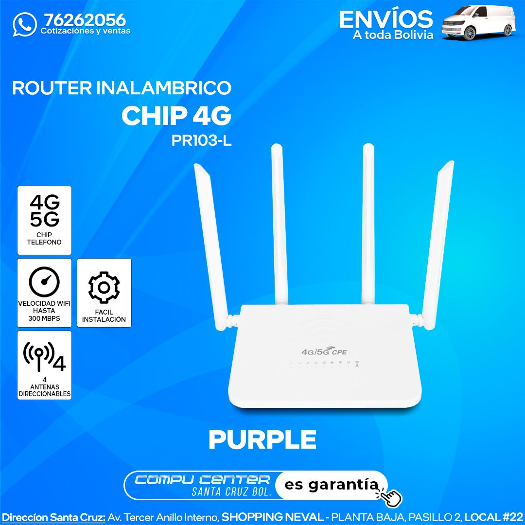 Purple / PR103-L / ROUTER WIFI CHIP 4G / 4 ANTENAS / HASTA 300 MBPS
