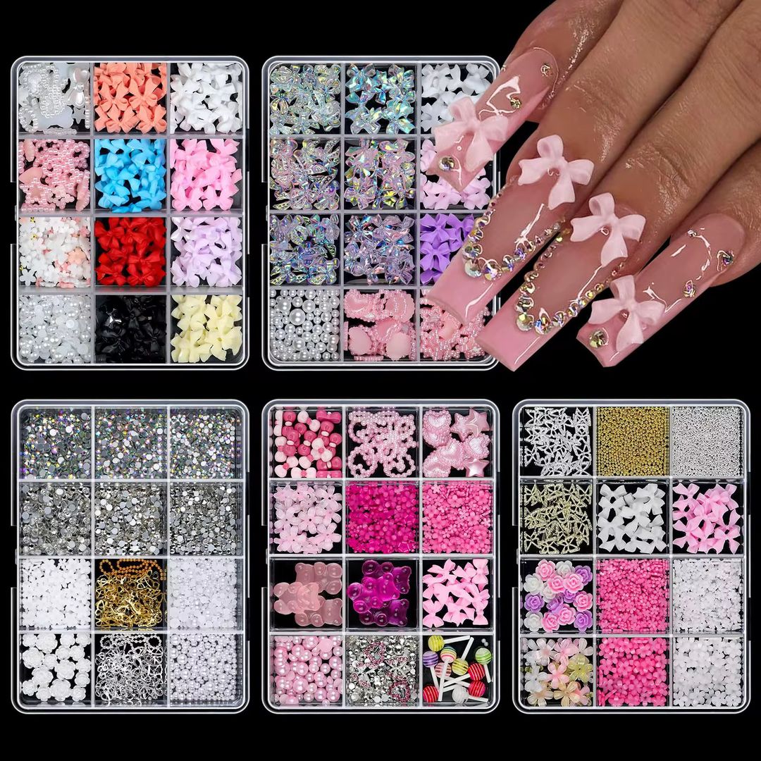 Wholesale New 12- Grid 3D Set Bow Knot Nail Decoration Cartoon Rabbit Bow Pearl Mixed Set Box Resin Nail Charms
