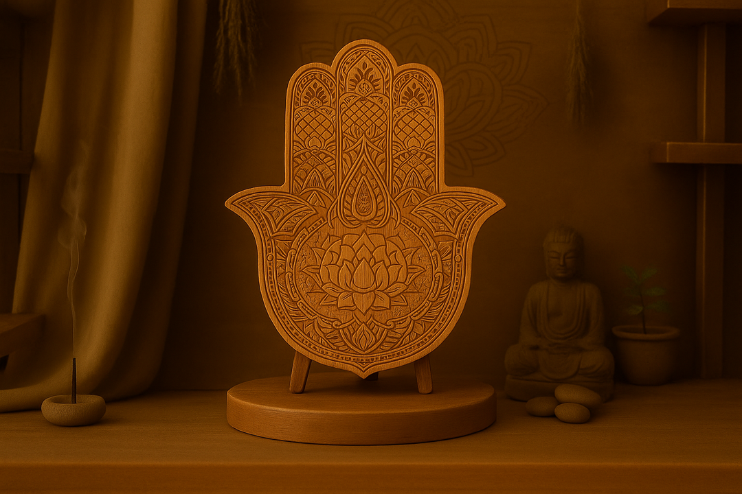 Sacred Lotus Hamsa Olive Wood Carving