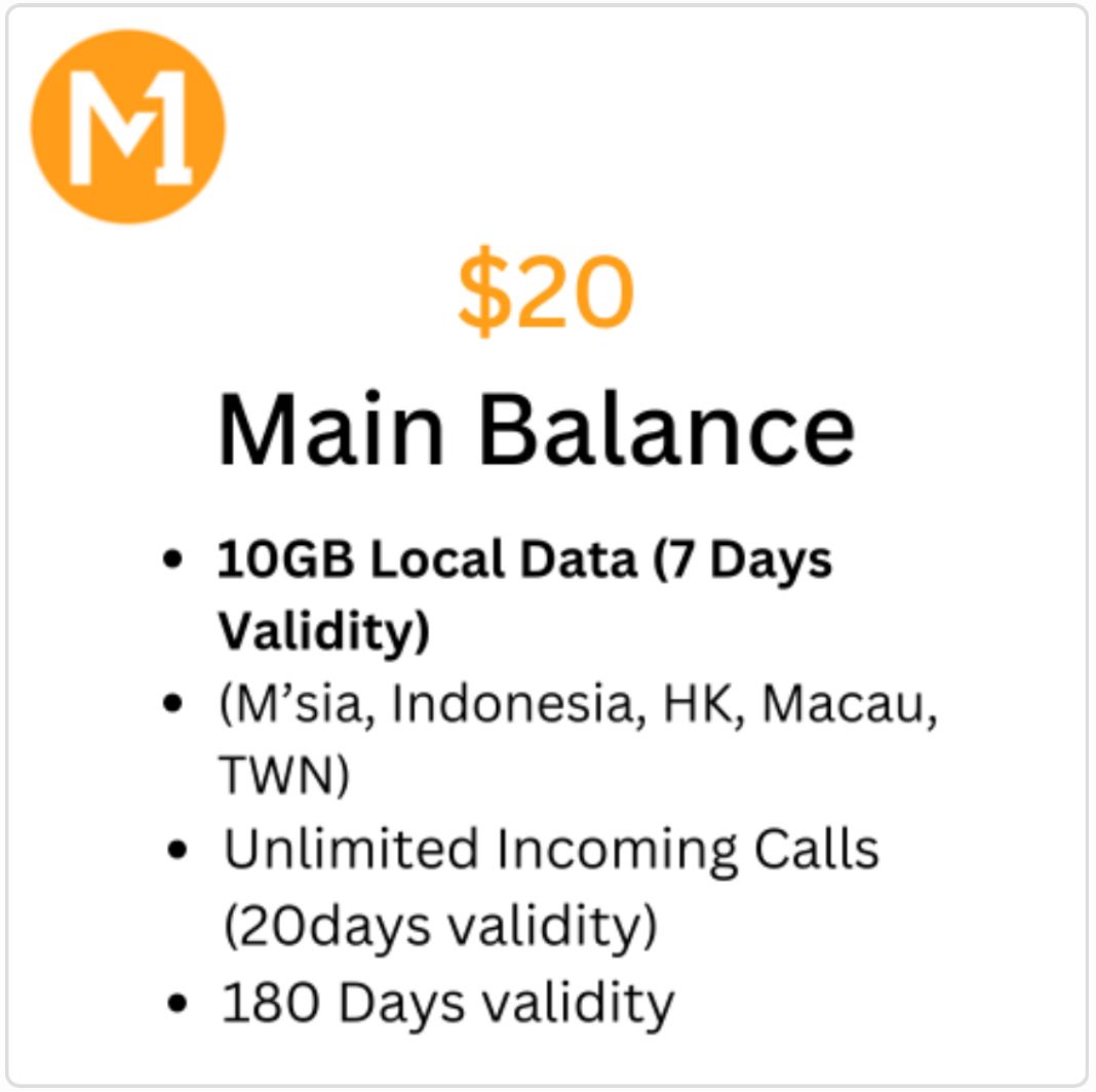 M1 $20 Main Balance Top-up