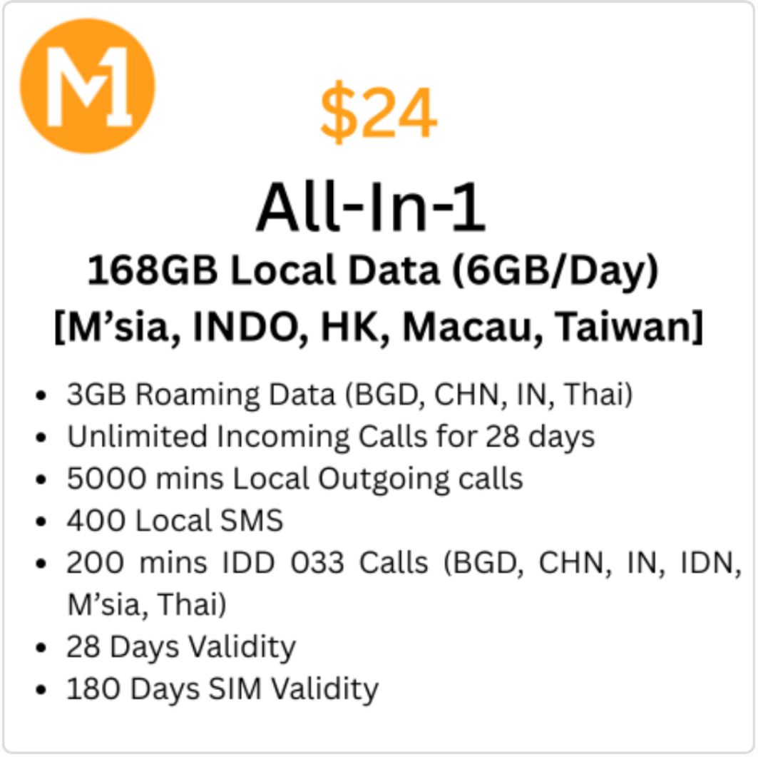 M1 $24 168GB All-In-1 Top-up with IDD