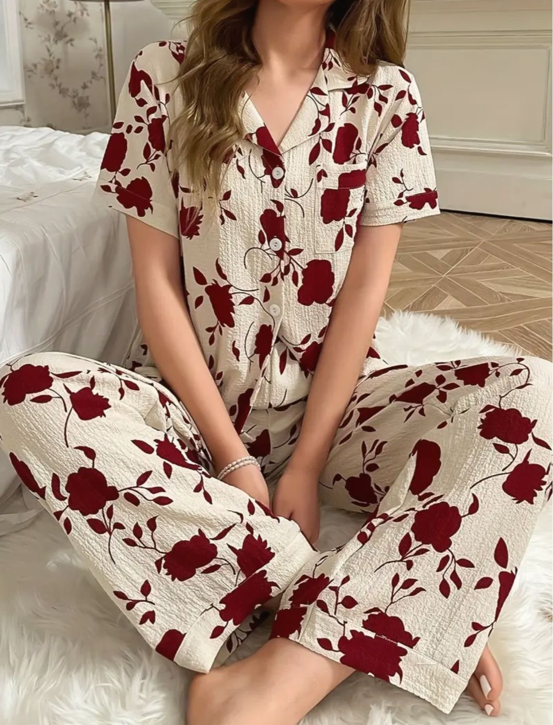 Red flowers short sleeves pajama set