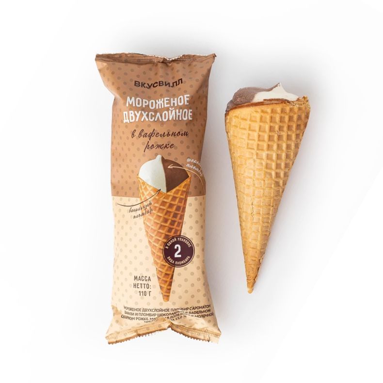 VkusVill Double-Layer Vanilla & Chocolate Ice Cream In Waffle Cone 105g