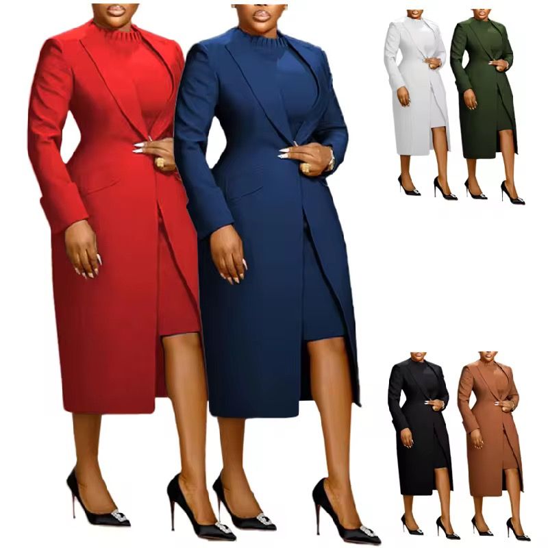 K3370 Ladies Suits Office Wear Two Piece Set Women Clothing Long Blazer + Inner Dress Set Two Piece Blazer Set Outfits for Women