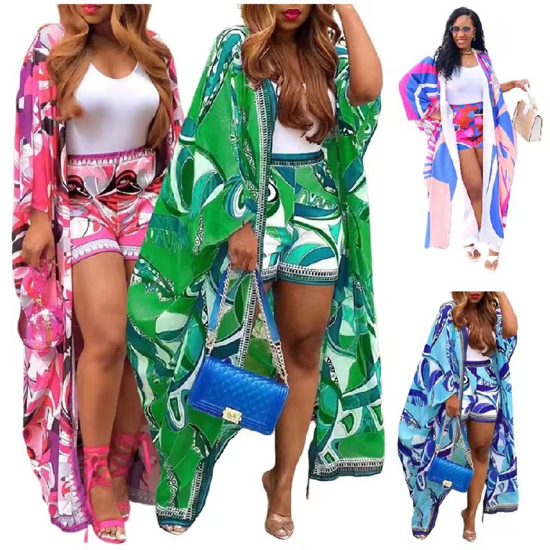 6787# Hot Selling Summer Outfits for Women Holiday Loose Printing Cardigan and Shorts Set Two Piece Set Women Clothing