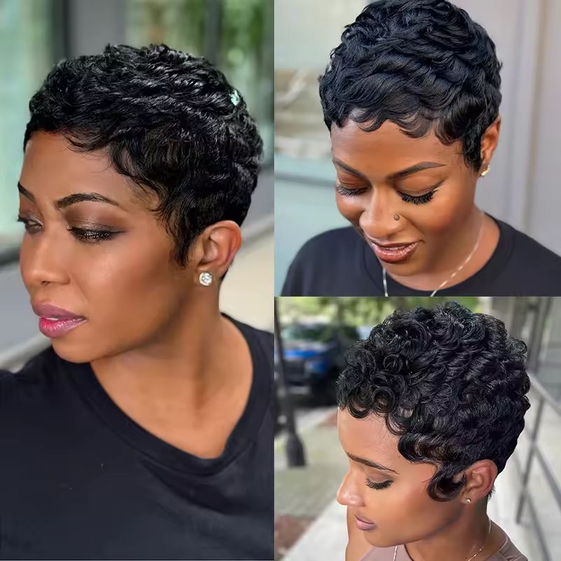 Black Curly Pixie Short Cut 