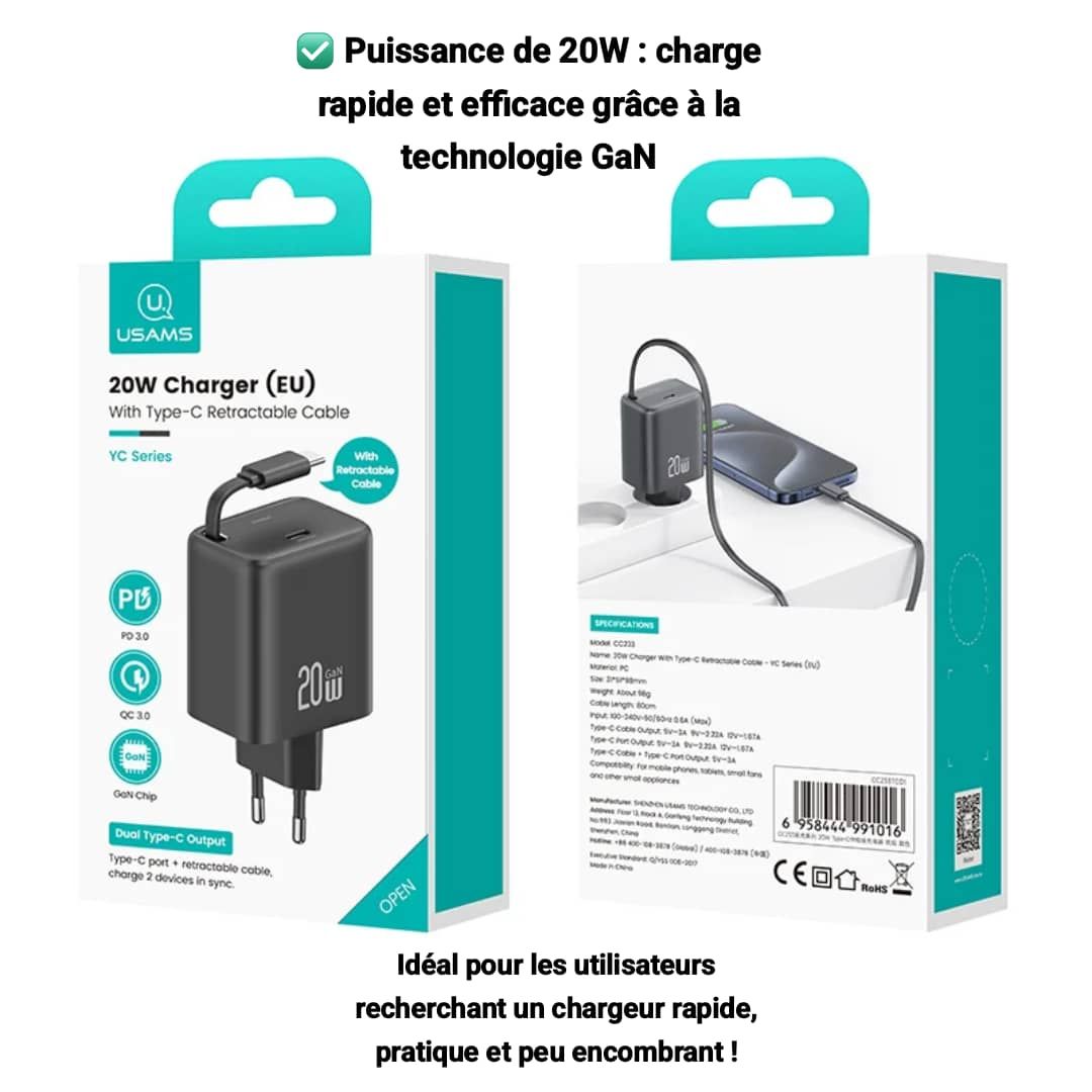 chargeur type-c retractable 20w