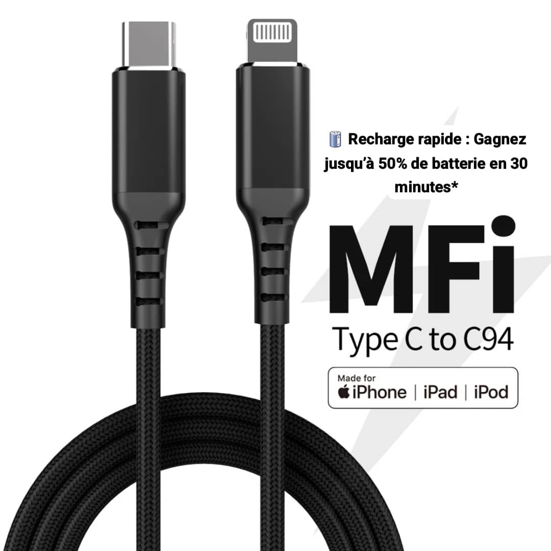 🔌 Câble USB-C vers Lightning – 2M | Charge Rapide 