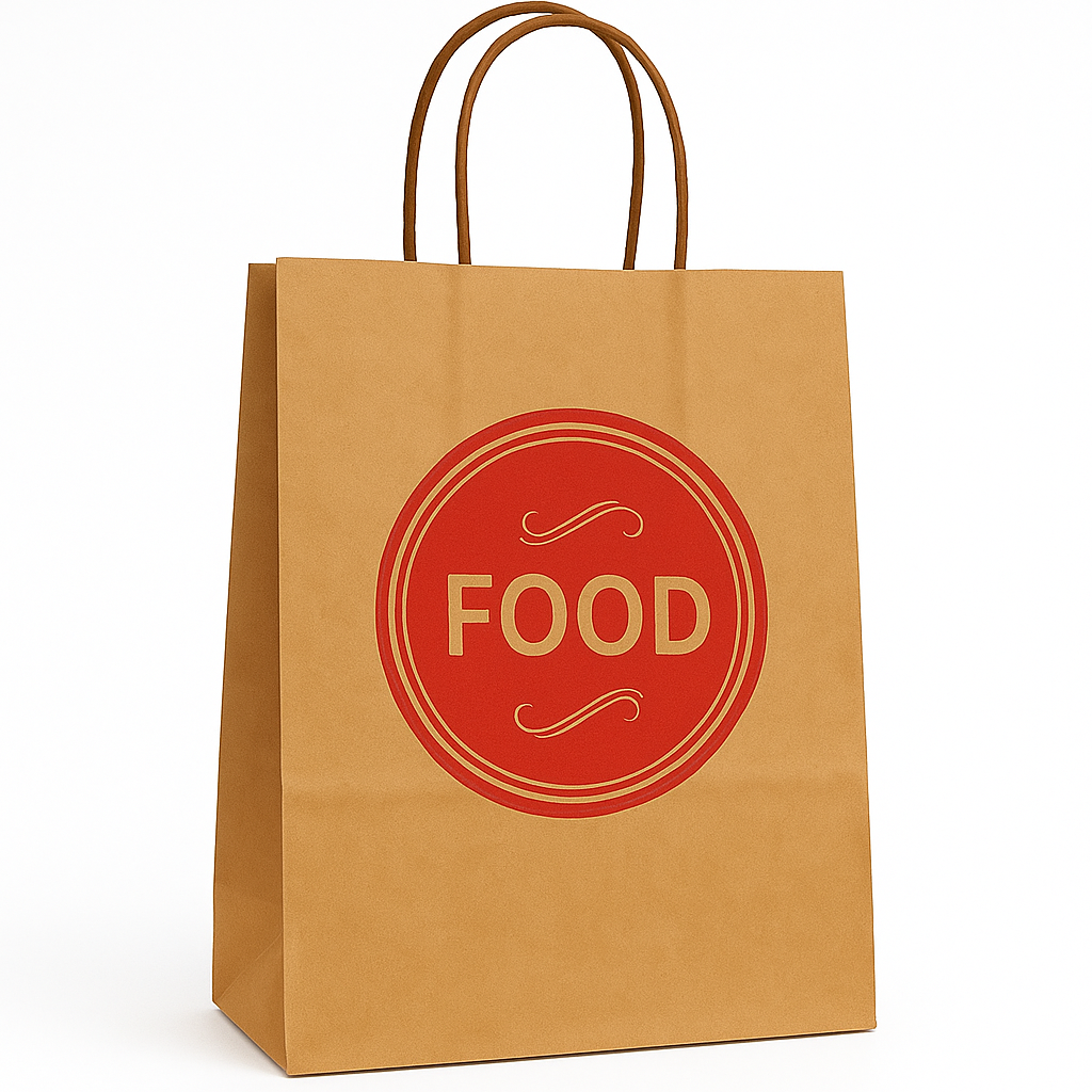 DELIVERY CARRIER BAGS - GENERIC DESIGN / “FOOD TO GO” BROWN & RED - 2 SIZES ( WITH HANDLES) 