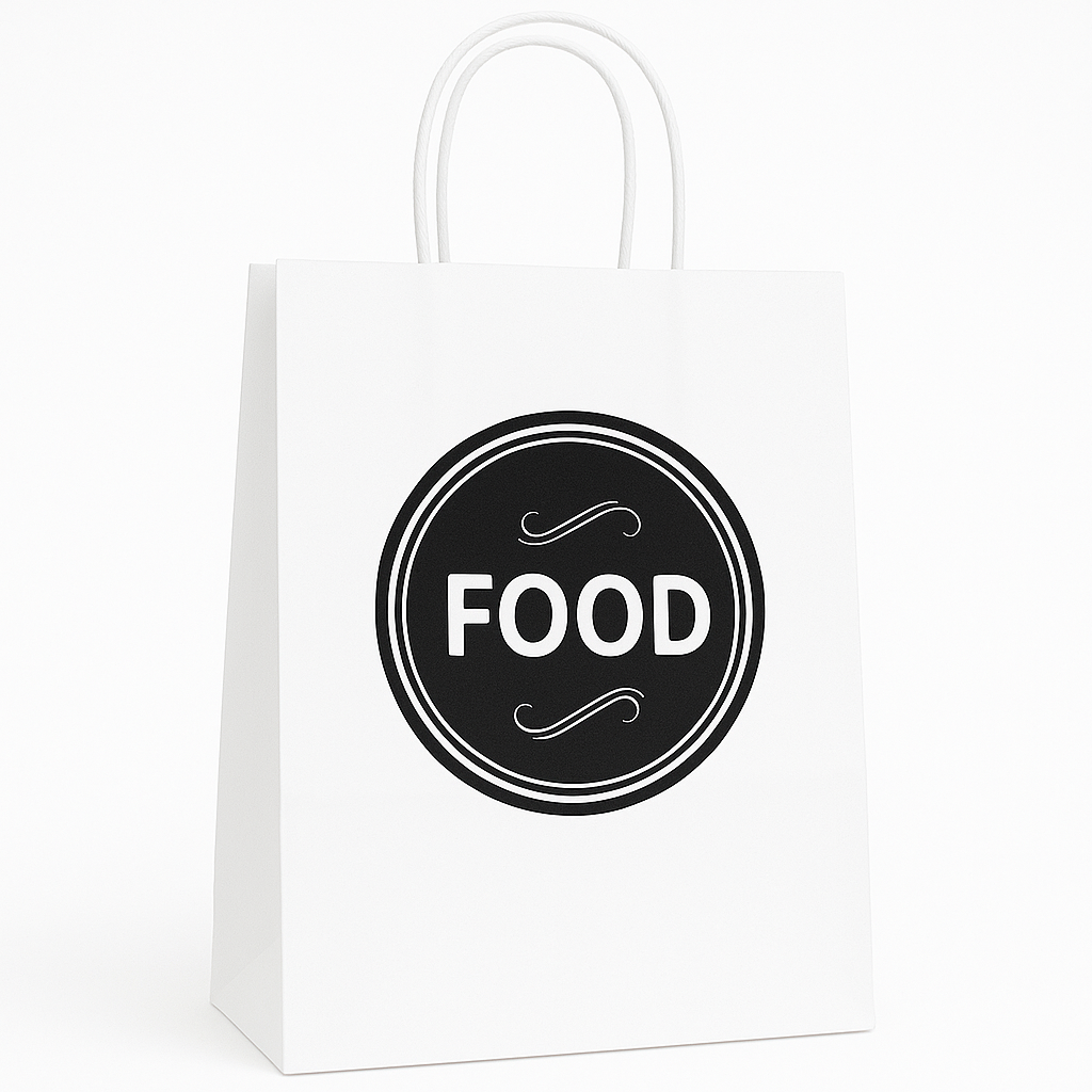 DELIVERY CARRIER BAGS - GENERIC DESIGN / “FOOD TO GO” WHITE & BLACK  - 2 SIZES ( WITH HANDLES)