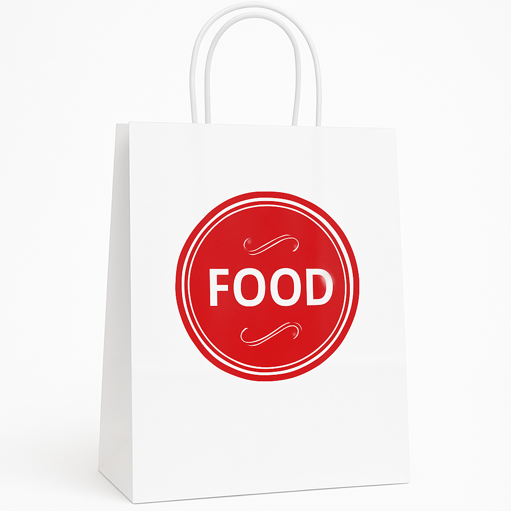 DELIVERY CARRIER BAGS - GENERIC DESIGN / “FOOD TO GO” WHITE & RED - 2 SIZES ( WITH HANDLES)