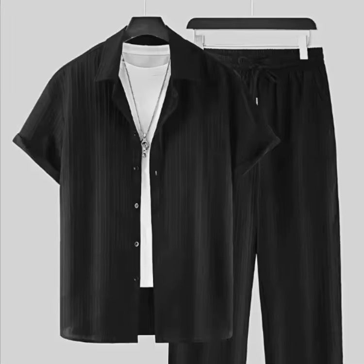 2025 Summer Men Striped 2 Piece Set Suits Short Sleeve Tops Long Pants Lapel Button Elastic Waist Trousers Tracksuit