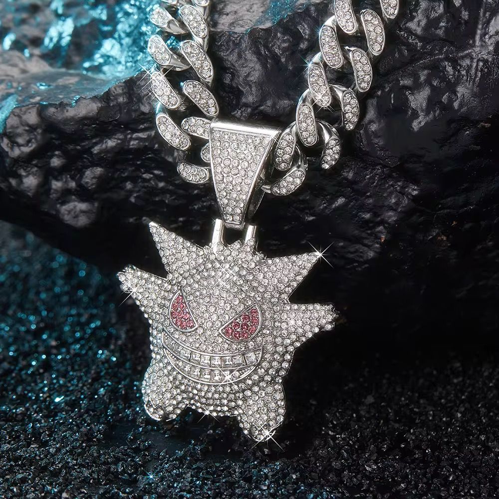 Hip Hop Bling Cartoon Ghost Charms Gengar Pendant Necklace Cuban Chain Diamond Red Eye Fun Gengar Miami Mens Jewelry Gift