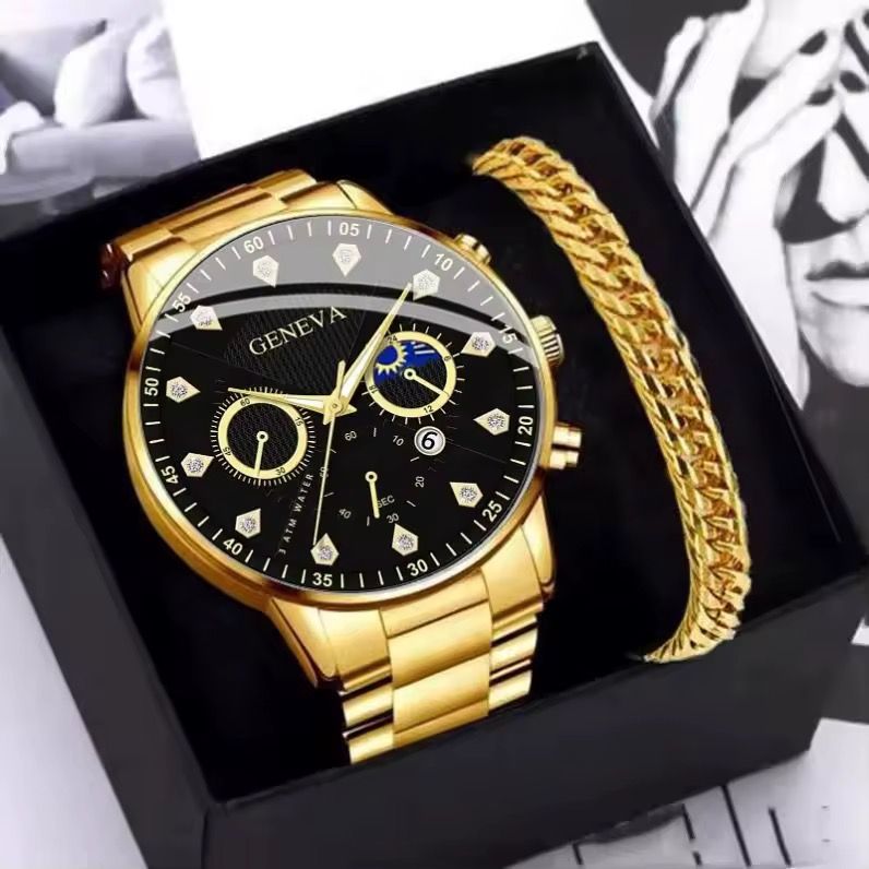 Y902 Latest Diamond Watch and Chain Set for Men Date Gold 2pcs Steel Luxury Men's Business Watches & Bracelet