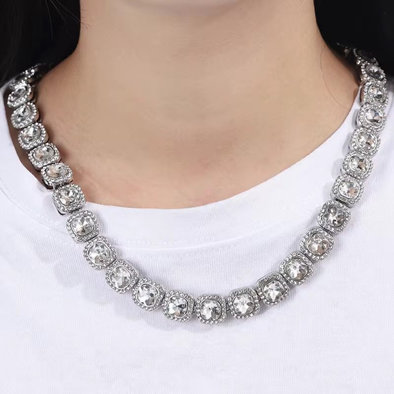European and American New Hip-hop square Crystal Necklace Diamond Men's Rhinestone Necklace Fashionable Cuban Necklace Gift