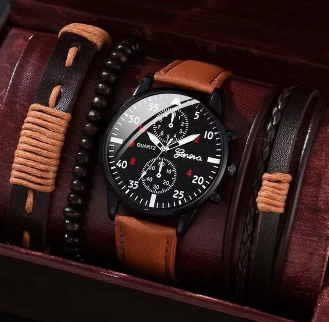 Business Mens Wristwatch With Leather Bracelets Brown
