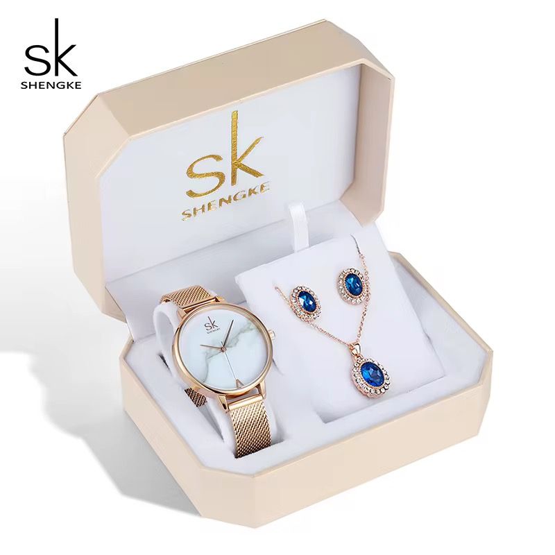 SHENGKE Luxury Jewelry Watches Bracelets Earring Necklace Jewelry Watch Gift Set Box with Blue Accessories