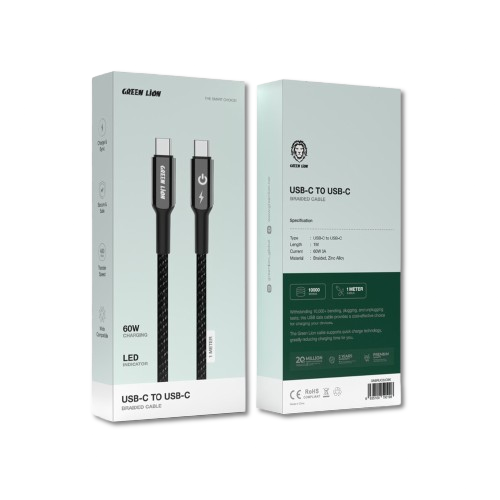 Green Lion USB-C to USB-C Braided Cable 60W 1M - Black