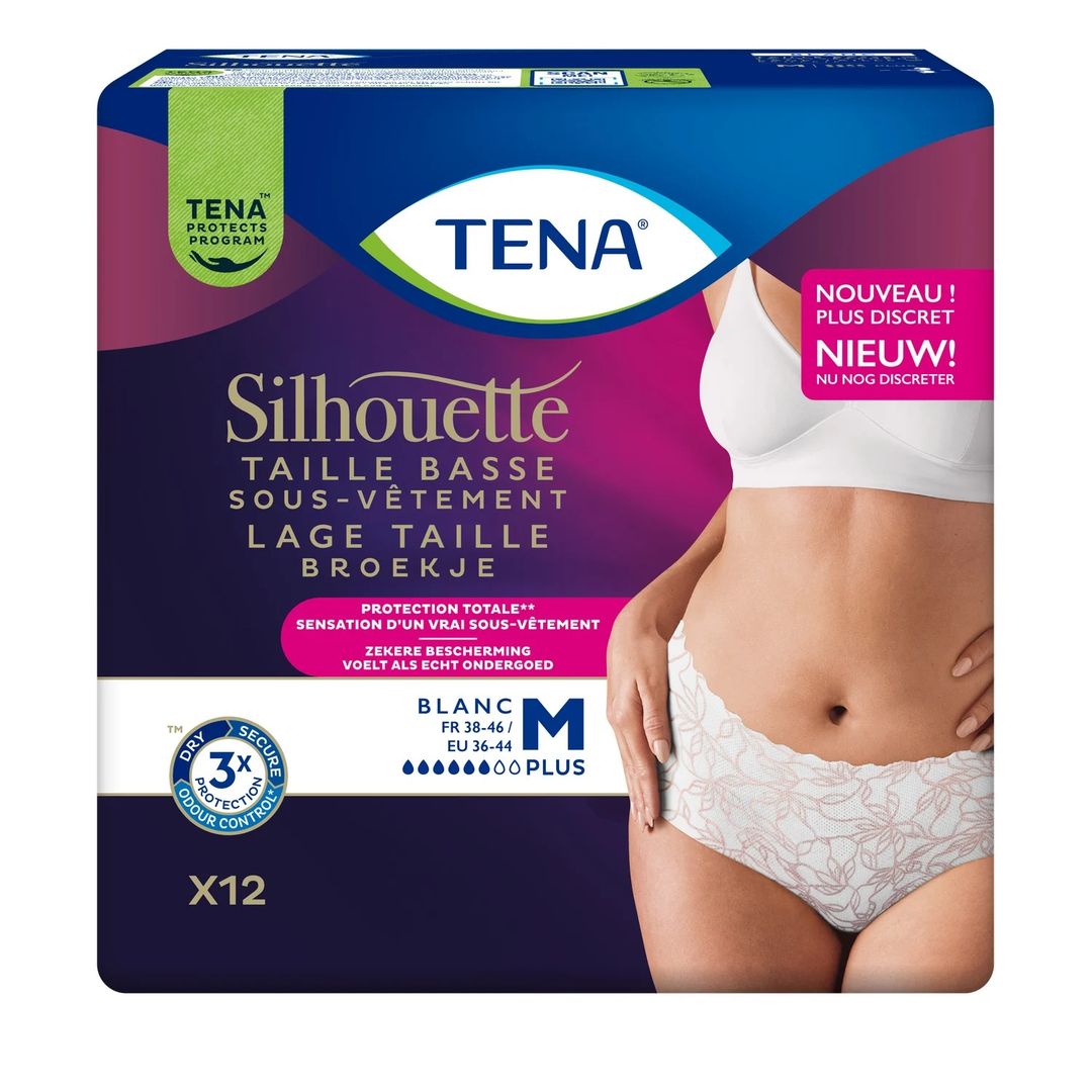 Tena Sous-Vêtements Taille Basse - Flux Plus - Blanc - Taille M, 12 Unités