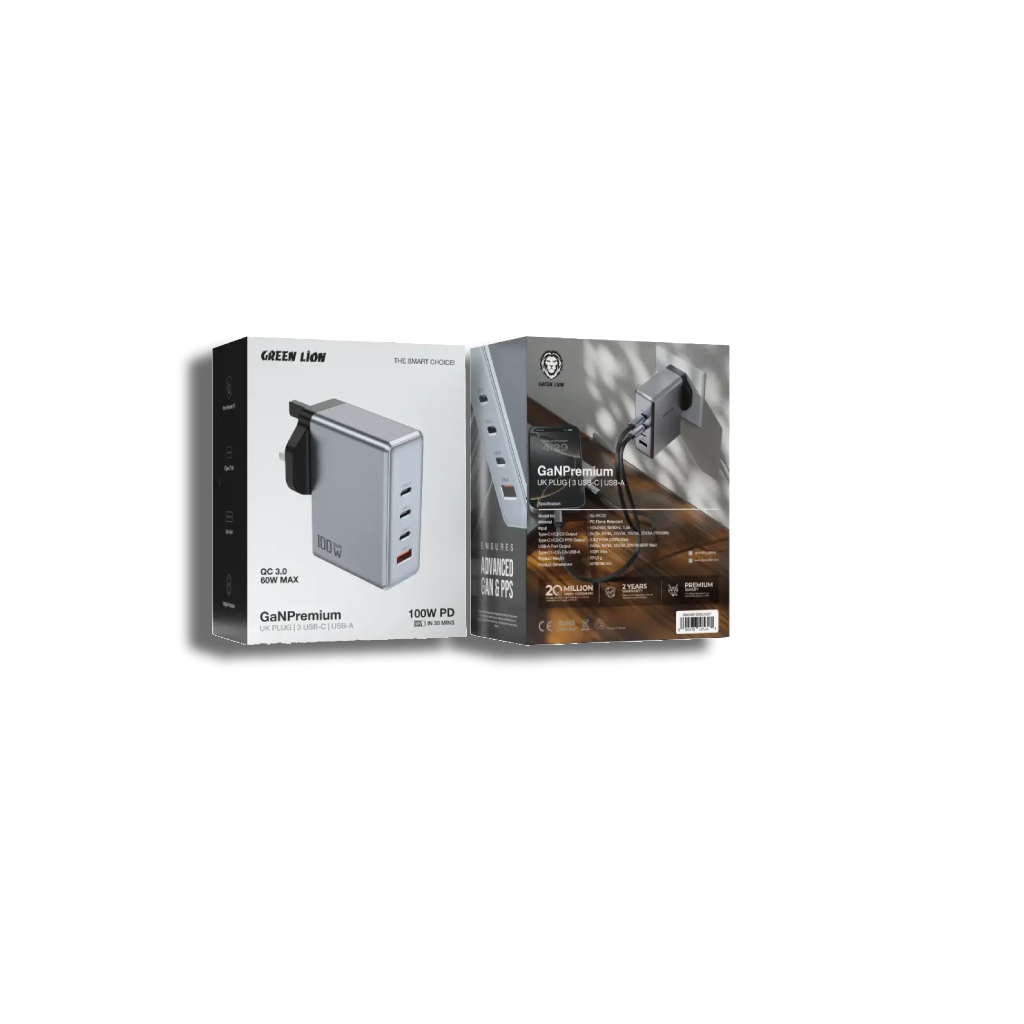 Green Lion GaNPremium UK Plug Wall Charger PD 100W - Gray