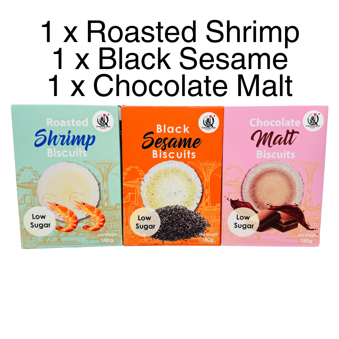 Premium Biscuits (Black Sesame, Roasted Shrimp, Chocolate Malt) flavors Per box 180g in Multipacks